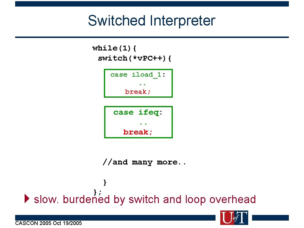 Switched Interpreter while(1){ switch(*v. PC++){ case iload_1: . . break; case ifeq: . .