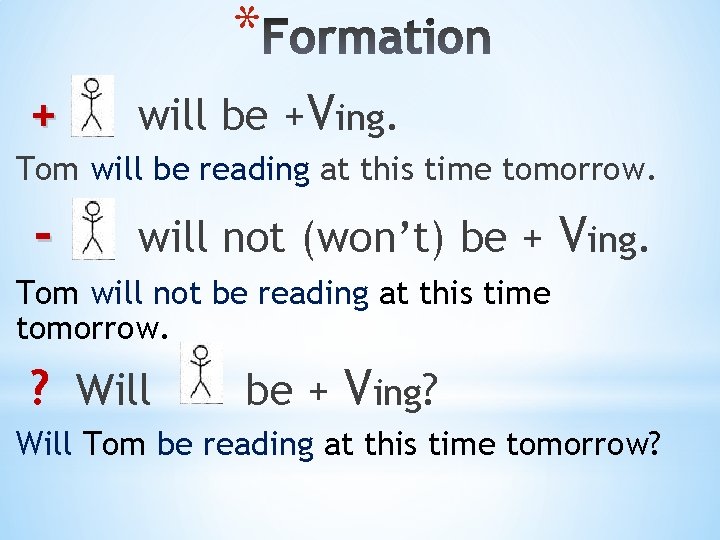 * + will be +Ving. Tom will be reading at this time tomorrow. -