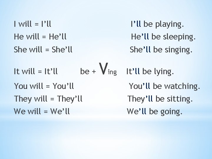 I will = I’ll be playing. He will = He’ll be sleeping. She will