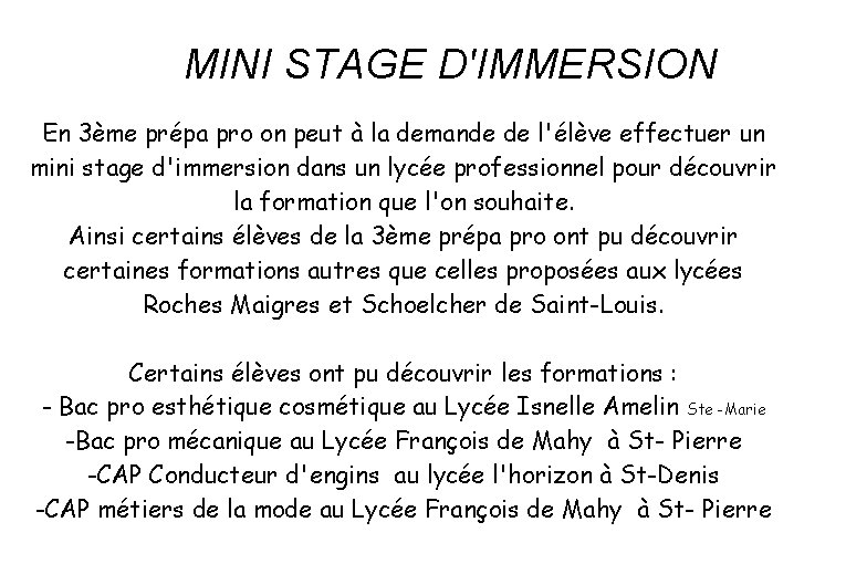 MINI STAGE D'IMMERSION En 3ème prépa pro on peut à la demande de l'élève