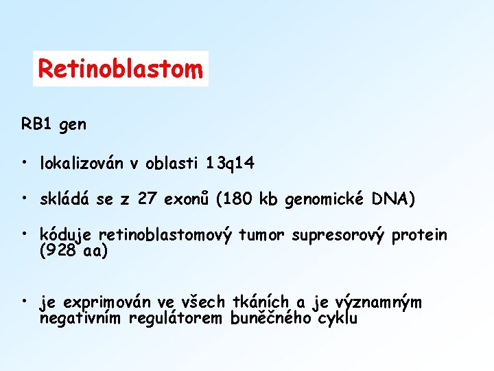 Retinoblastom RB 1 gen • lokalizován v oblasti 13 q 14 • skládá se