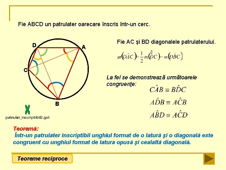 Fie ABCD un patrulater oarecare înscris într-un cerc. D A Fie AC şi BD