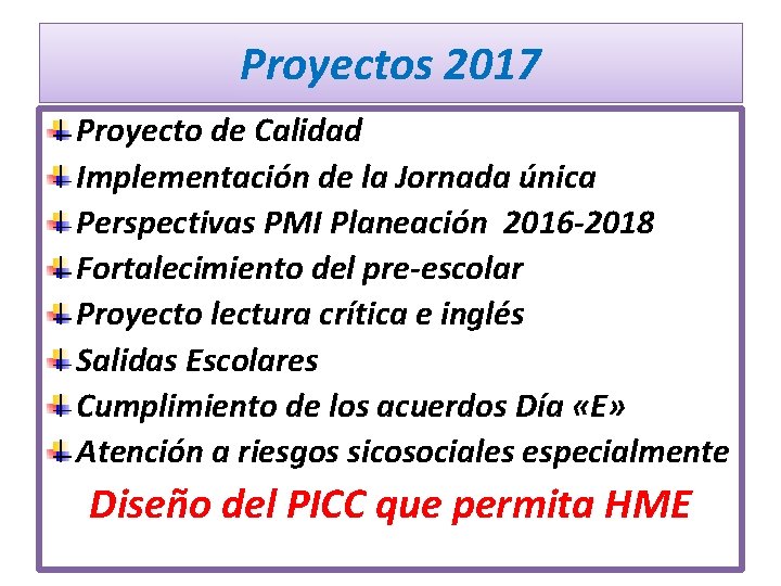 Proyectos 2017 Proyecto de Calidad Implementación de la Jornada única Perspectivas PMI Planeación 2016