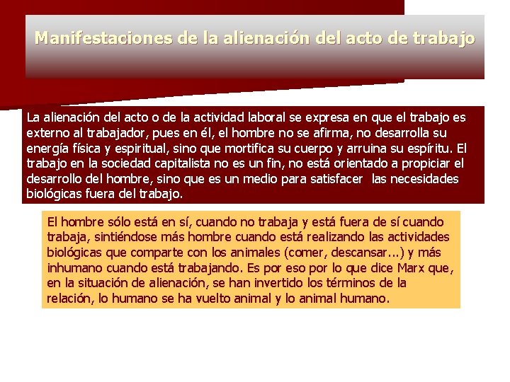 Manifestaciones de la alienación del acto de trabajo La alienación del acto o de