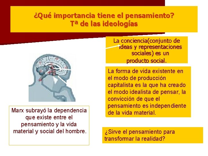 ¿Qué importancia tiene el pensamiento? Tª de las ideologías La conciencia(conjunto de ideas y