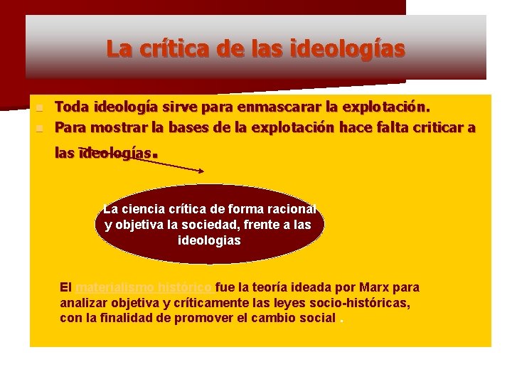 La crítica de las ideologías Toda ideología sirve para enmascarar la explotación. n Para