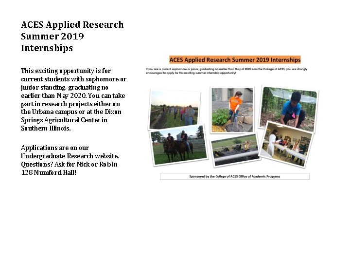 ACES Applied Research Summer 2019 Internships This exciting opportunity is for current students with