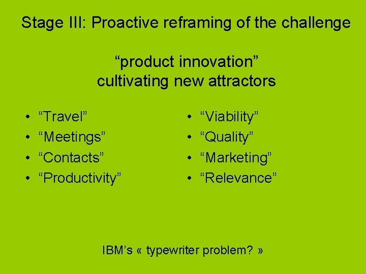 Stage III: Proactive reframing of the challenge “product innovation” cultivating new attractors • •