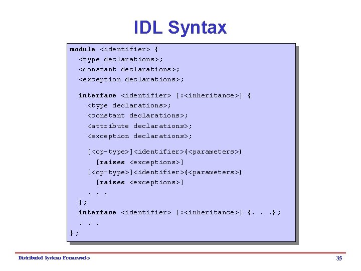 IDL Syntax module <identifier> { <type declarations>; <constant declarations>; <exception declarations>; interface <identifier> [: