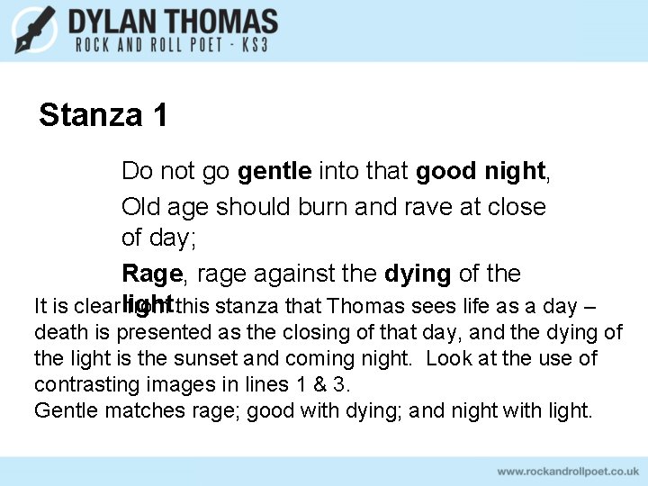Stanza 1 Do not go gentle into that good night, Old age should burn