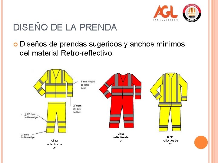 DISEÑO DE LA PRENDA Diseños de prendas sugeridos y anchos mínimos del material Retro-reflectivo: