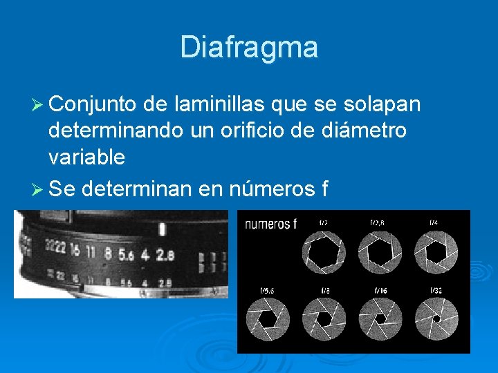 Diafragma Ø Conjunto de laminillas que se solapan determinando un orificio de diámetro variable