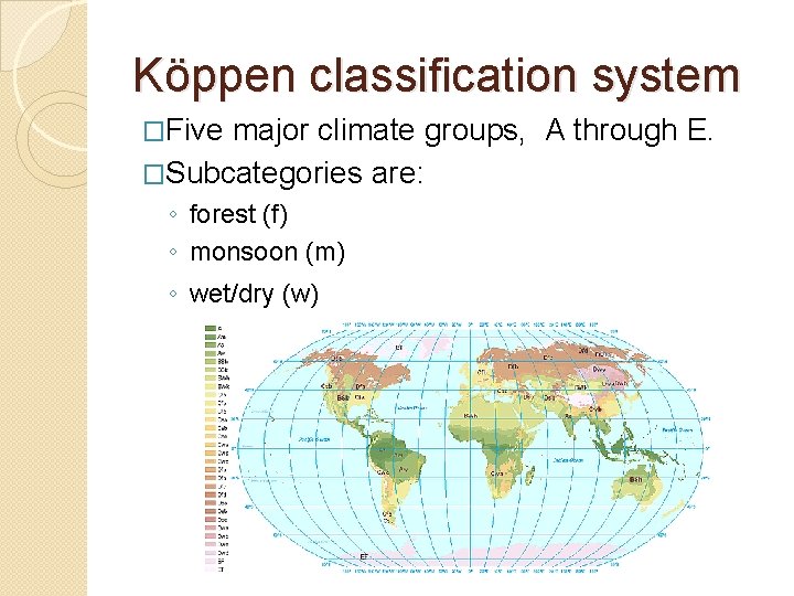 Köppen classification system �Five major climate groups, A through E. �Subcategories are: ◦ forest