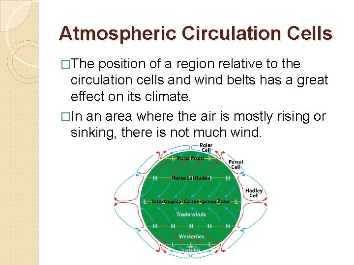 Atmospheric Circulation Cells �The position of a region relative to the circulation cells and