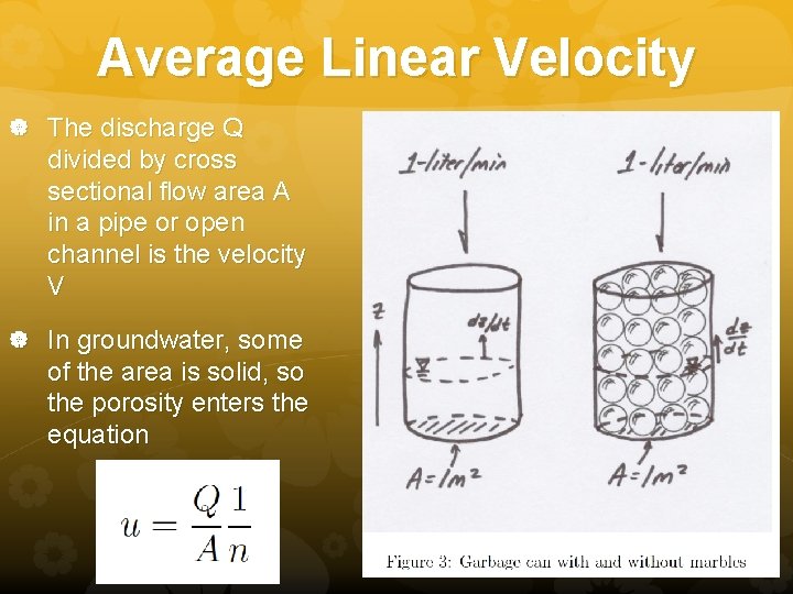 Average Linear Velocity The discharge Q divided by cross sectional flow area A in