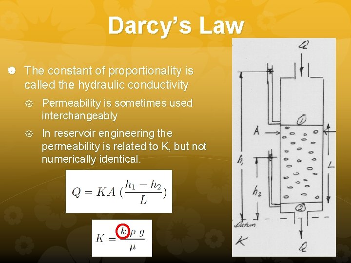 Darcy’s Law The constant of proportionality is called the hydraulic conductivity Permeability is sometimes