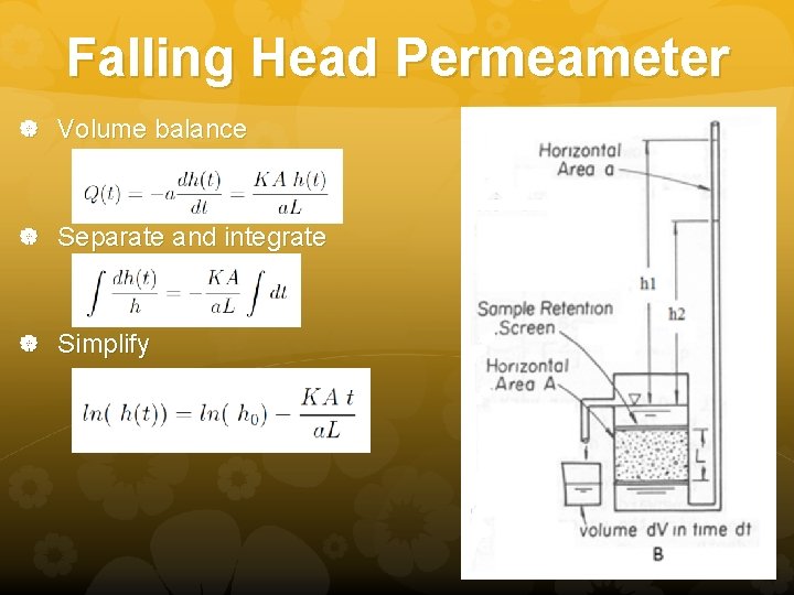 Falling Head Permeameter Volume balance Separate and integrate Simplify 