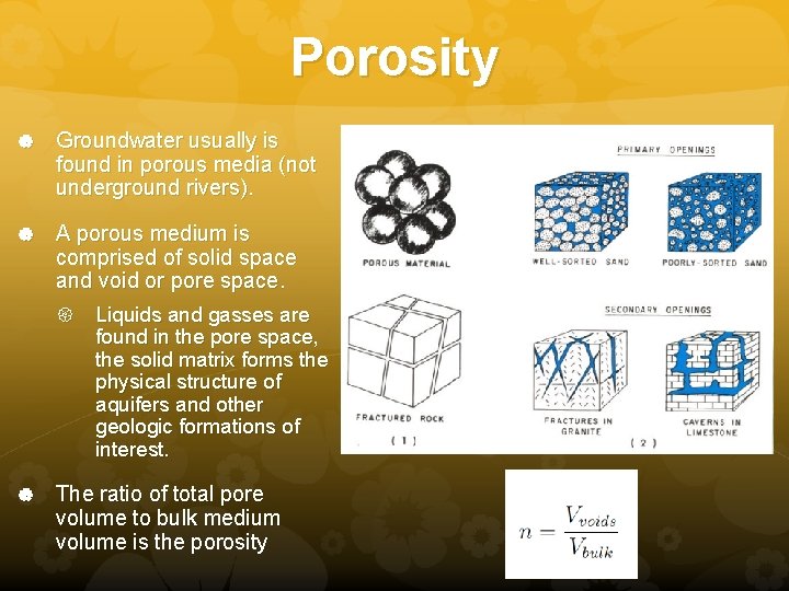 Porosity Groundwater usually is found in porous media (not underground rivers). A porous medium