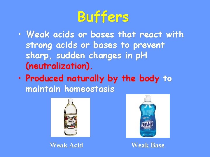Buffers • Weak acids or bases that react with strong acids or bases to