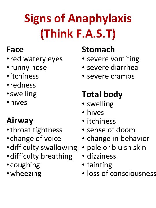 Signs of Anaphylaxis (Think F. A. S. T) Face • red watery eyes •