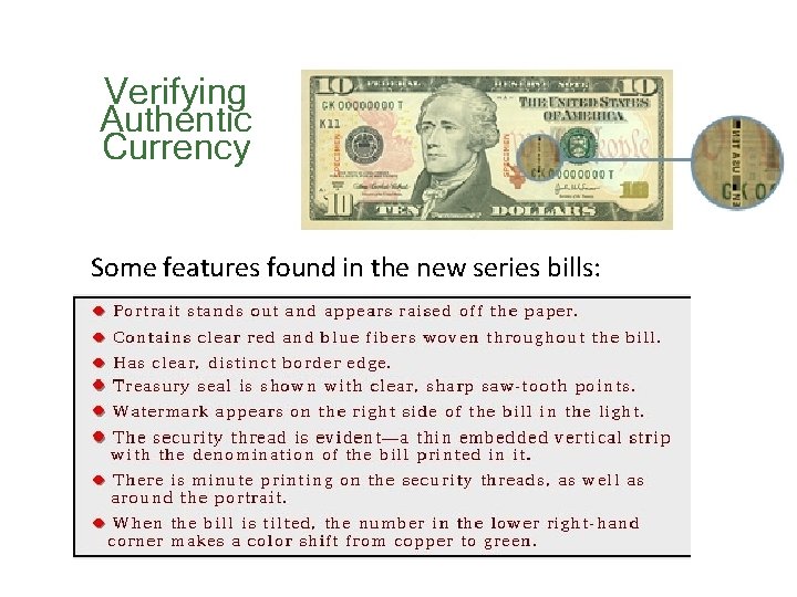 Verifying Authentic Currency Some features found in the new series bills: 5 