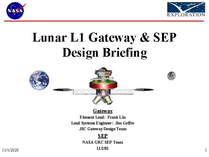 Lunar L 1 Gateway & SEP Design Briefing Gateway Element Lead: Frank Lin Lead