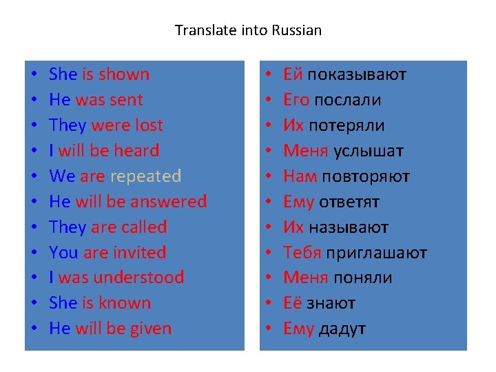 Translate into Russian • • • She is shown He was sent They were