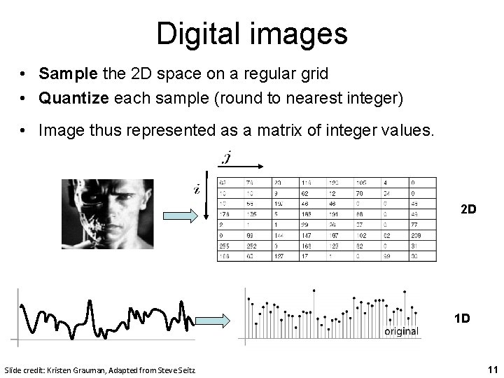 Digital images • Sample the 2 D space on a regular grid • Quantize