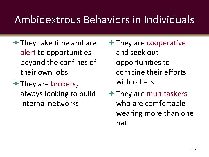 Ambidextrous Behaviors in Individuals They take time and are alert to opportunities beyond the