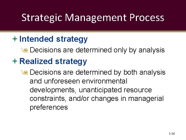 Strategic Management Process Intended strategy Decisions are determined only by analysis Realized strategy Decisions