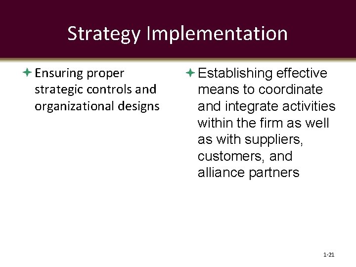 Strategy Implementation Ensuring proper strategic controls and organizational designs Establishing effective means to coordinate