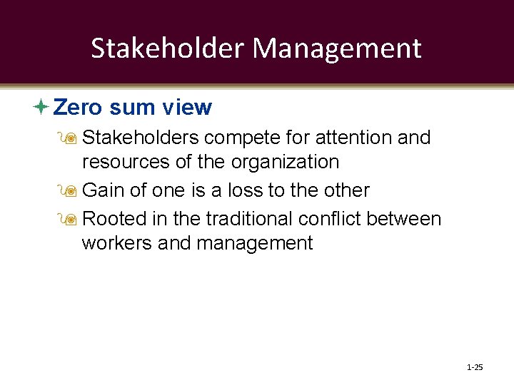 Stakeholder Management Zero sum view Stakeholders compete for attention and resources of the organization