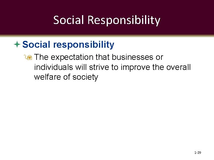 Social Responsibility Social responsibility The expectation that businesses or individuals will strive to improve
