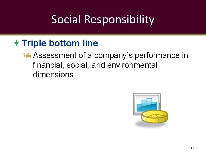 Social Responsibility Triple bottom line Assessment of a company’s performance in financial, social, and