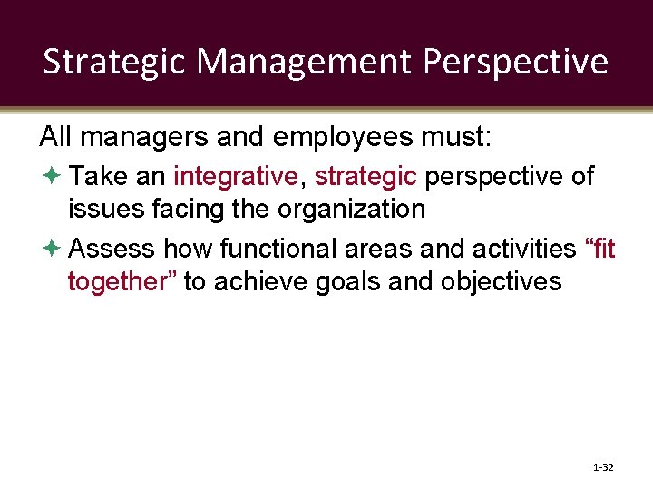 Strategic Management Perspective All managers and employees must: Take an integrative, strategic perspective of