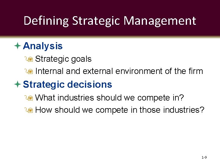 Defining Strategic Management Analysis Strategic goals Internal and external environment of the firm Strategic