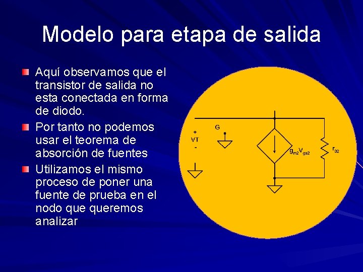 Modelo para etapa de salida Aquí observamos que el transistor de salida no esta