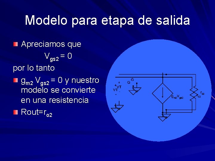 Modelo para etapa de salida Apreciamos que Vgs 2 = 0 por lo tanto