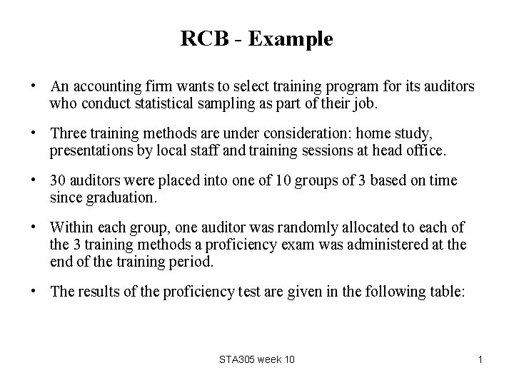 RCB - Example • An accounting firm wants to select training program for its