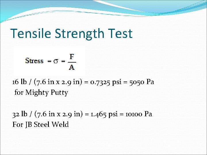 Tensile Strength Test 16 lb / (7. 6 in x 2. 9 in) =