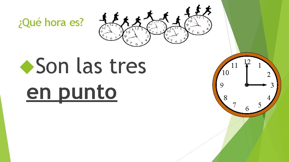 ¿Qué hora es? Son las tres en punto 10 11 12 1 2 9