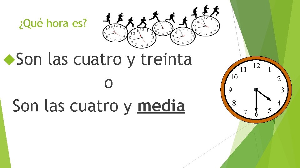 ¿Qué hora es? Son las cuatro y treinta o Son las cuatro y media