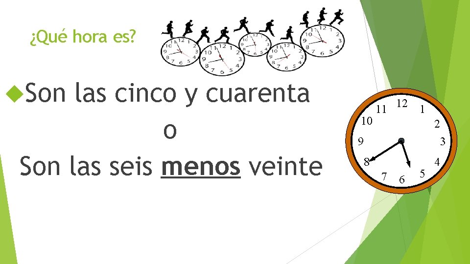 ¿Qué hora es? Son las cinco y cuarenta o Son las seis menos veinte