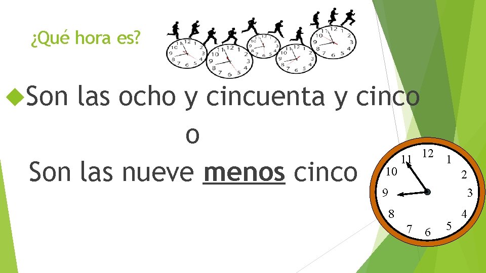 ¿Qué hora es? Son las ocho y cincuenta y cinco o 11 12 Son