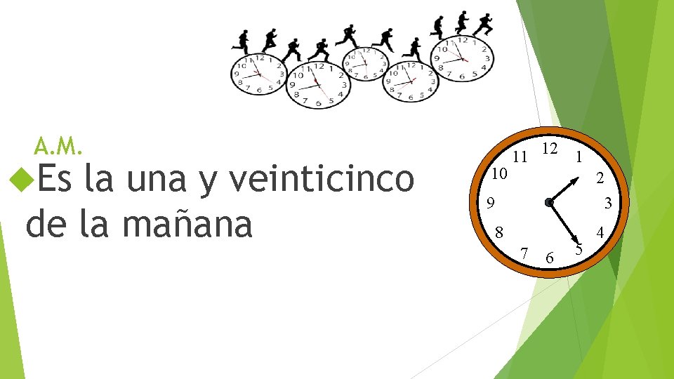 A. M. Es la una y veinticinco de la mañana 10 11 12 1