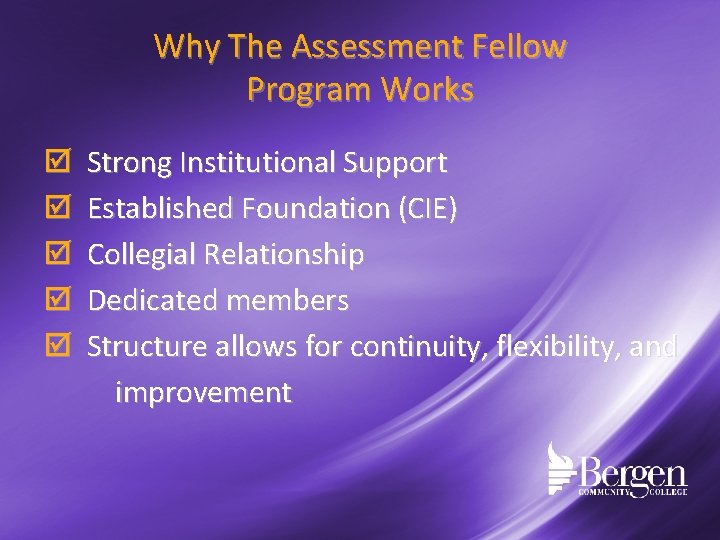 Why The Assessment Fellow Program Works Strong Institutional Support Established Foundation (CIE) Collegial Relationship