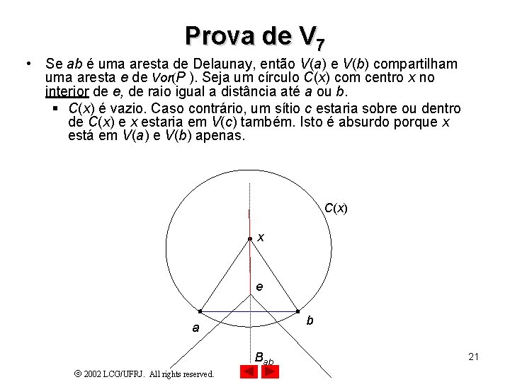 Prova de V 7 • Se ab é uma aresta de Delaunay, então V(a)