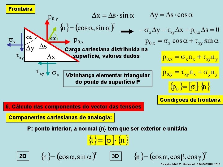 Fronteira Carga cartesiana distribuída na superfície, valores dados Vizinhança elementar triangular do ponto de