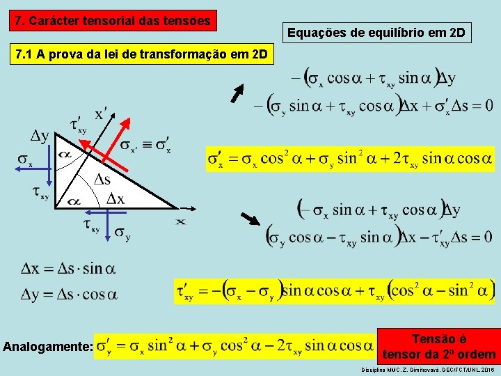 7. Carácter tensorial das tensões Equações de equilíbrio em 2 D 7. 1 A