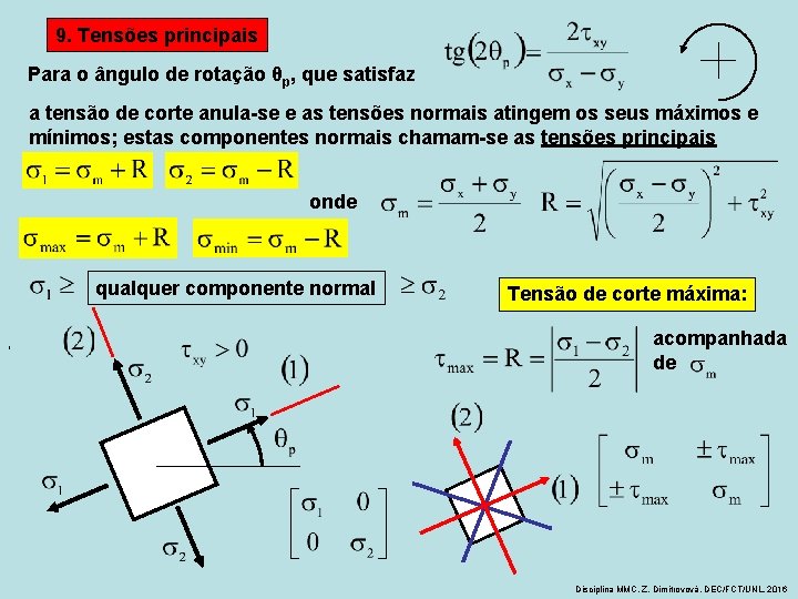 9. Tensões principais Para o ângulo de rotação θp, que satisfaz a tensão de